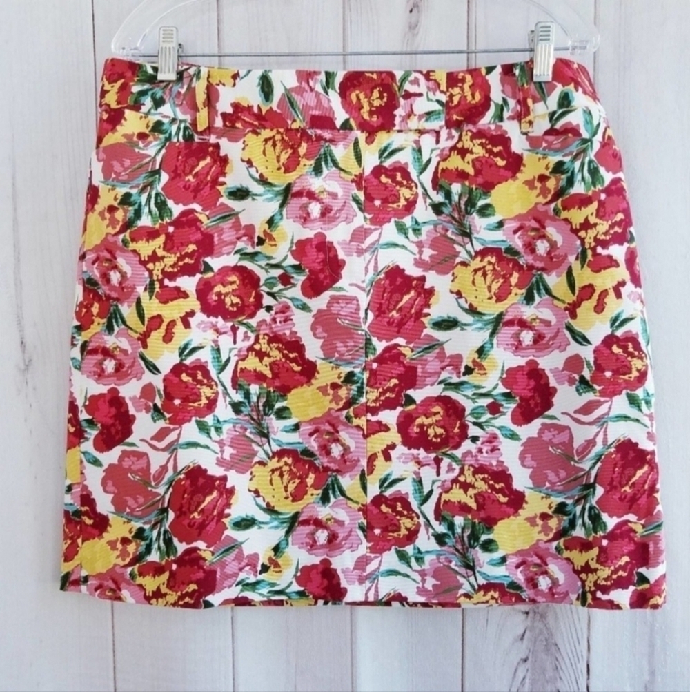 Ann Taylor Loft White Floral Watercolor Mini Skirt Womens 12P Petite 100% Cotton